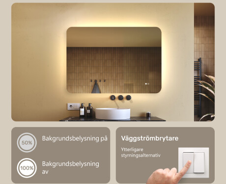 Avrundat badrumsspegel med LED‑belysning, 100×70 cm, tvåfärgad, touch‑strömbrytare, värmematta #4