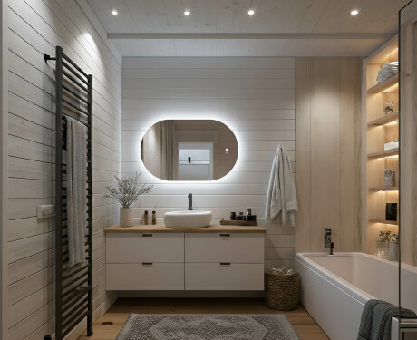 Ovalt spegel med LED-belysning 80x50/50x80 cm, dubbelfärg, beröringsströmbrytare, värmematta