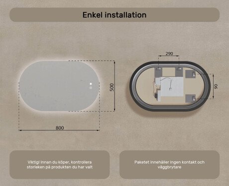 Ovalt spegel med LED-belysning 80x50/50x80 cm, dubbelfärg, beröringsströmbrytare, värmematta #8