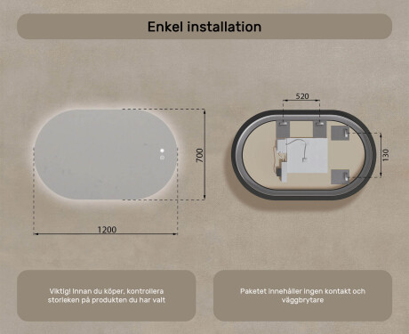 Belyst badrumsspegel, 120×70 cm, tvåfärgad, touch‑strömbrytare, värmematta #8