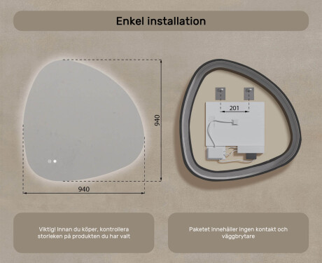 Oregelbundet spegel med belysning, 94×94 cm, tvåfärgad, touch‑strömbrytare, värmematta #8