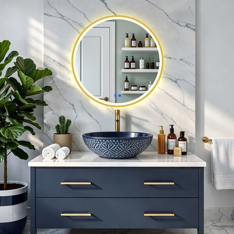 Rund LED-spegel i en guldfärgad aluminiumram #8