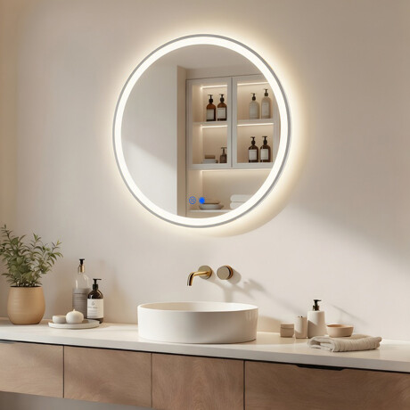 Rund LED-belyst spegel - 60/80 cm i en silverfärgad aluminiumram #1