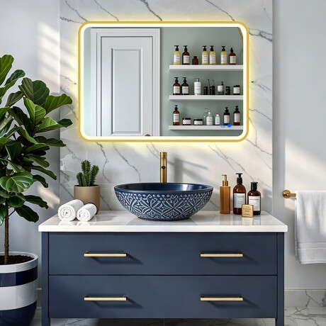 Rundad LED-spegel i en guldfärgad aluminiumram #8