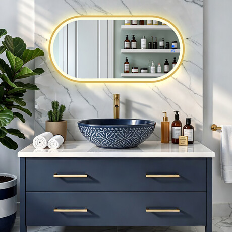 Oval LED-spegel i en guldfärgad aluminiumram #8