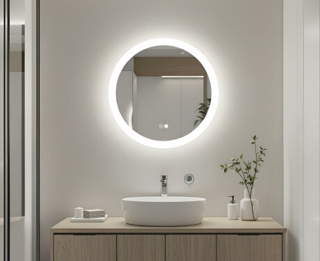 Runda badrumsspeglar med LED-belysning  med Dual color, Touch-brytare, Värmemattor