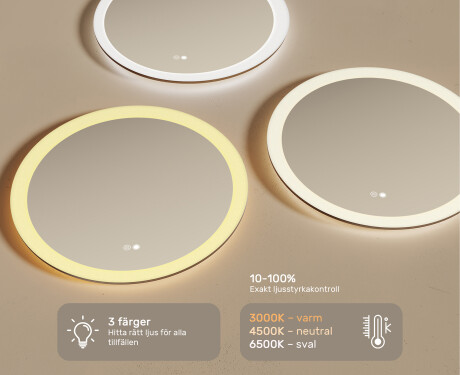 Runda badrumsspeglar med LED-belysning  med Dual color, Touch-brytare, Värmemattor #3