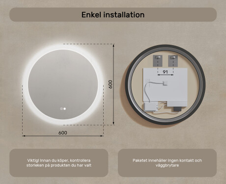 Runda badrumsspeglar med LED-belysning  med Dual color, Touch-brytare, Värmemattor #8