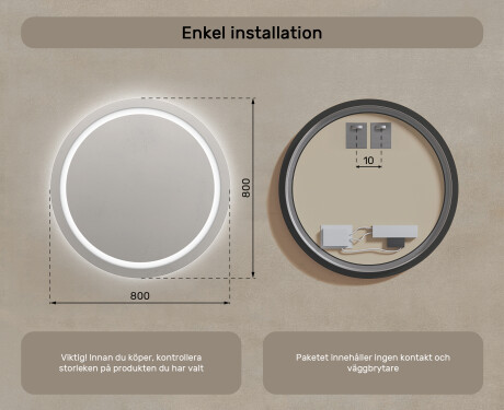Rund badrumsspegel med LED-belysning Spegel 80cm med kallt LED-ljus 7000K, varmt ljus 3000K eller neutralt ljus 4500K #7