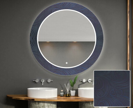 Rund Dekorativ Spegel Med Led-belysning För Badrummet - Blue Drawing