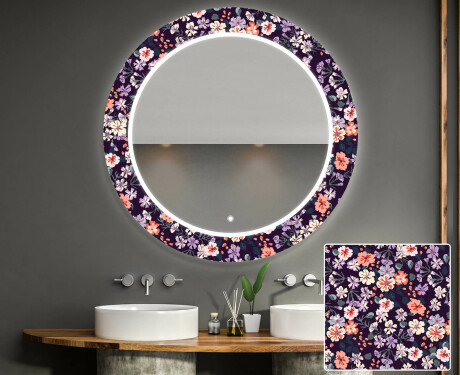 Rund Dekorativ Spegel Med Led-belysning För Badrummet - Elegant Flowers #1