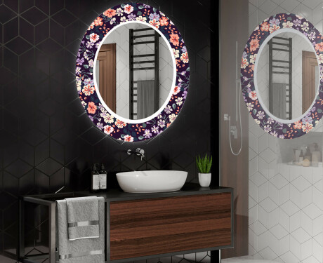 Rund Dekorativ Spegel Med Led-belysning För Badrummet - Elegant Flowers #2