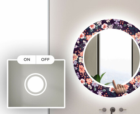 Rund Dekorativ Spegel Med Led-belysning För Badrummet - Elegant Flowers #4