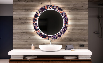 Rund Dekorativ Spegel Med Led-belysning För Badrummet - Elegant Flowers