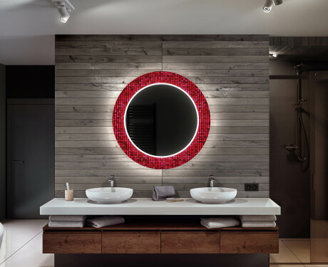 Rund Dekorativ Spegel Med Led-belysning För Badrummet - Red Mosaic #12