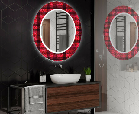 Rund Dekorativ Spegel Med Led-belysning För Badrummet - Red Mosaic #2