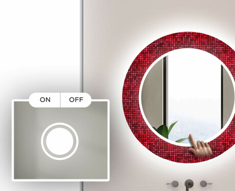 Rund Dekorativ Spegel Med Led-belysning För Badrummet - Red Mosaic #4