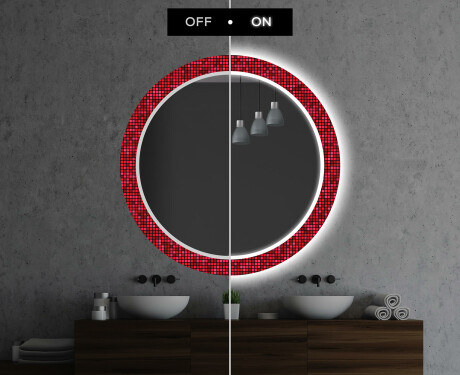 Rund Dekorativ Spegel Med Led-belysning För Badrummet - Red Mosaic #7