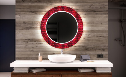 Rund Dekorativ Spegel Med Led-belysning För Badrummet - Red Mosaic