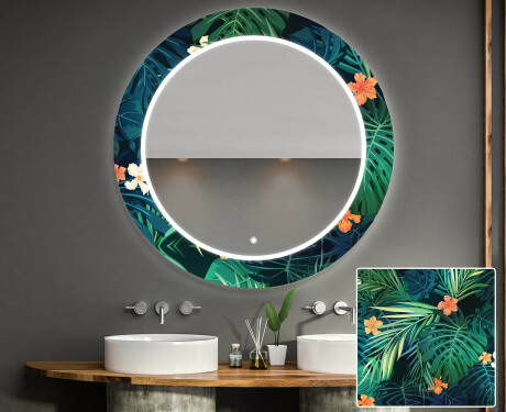 Rund Dekorativ Spegel Med Led-belysning För Badrummet - Tropical #1