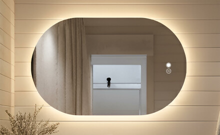 Belyst badrumsspegel, tvåfärgad, touch‑strömbrytare, värmematta